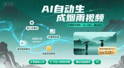 不用拍不用剪！AI自动生成烟雨视频，日入5张+，睡后收入-仙女副业网