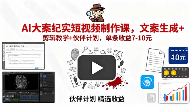 AI大案纪实短视频制作课，文案生成+剪辑教学+伙伴计划，单条收益7-10元-仙女副业网