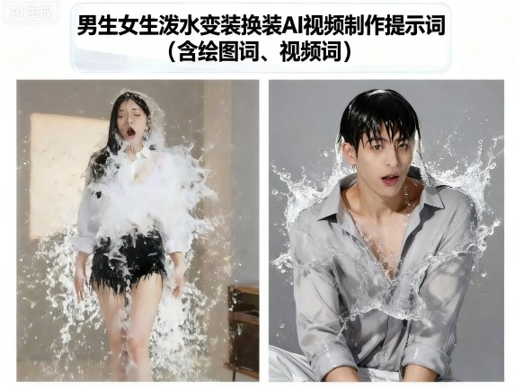 男生女生泼水变装换装AI视频制作提示词(含绘图词、视频词)-仙女副业网