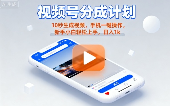 视频号分成计划懒人玩法，10秒生成视频，手机一键操作，新手小白轻松上手，日入1K【揭秘】-仙女副业网