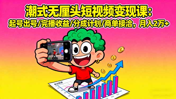 潮式无厘头短视频变现课：起号出号/完播收益/分成计划/商单接洽，月入2万+-仙女副业网