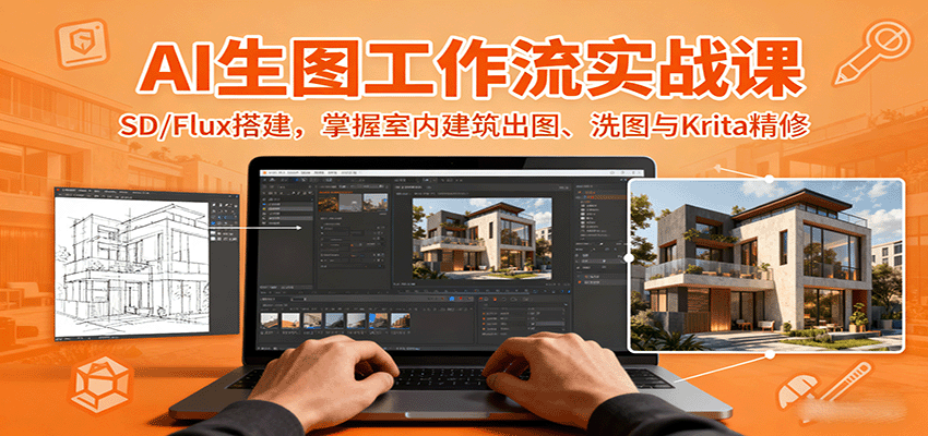 AI生图工作流实战课：SD/Flux搭建，掌握室内建筑出图、洗图与Krita精修-仙女副业网