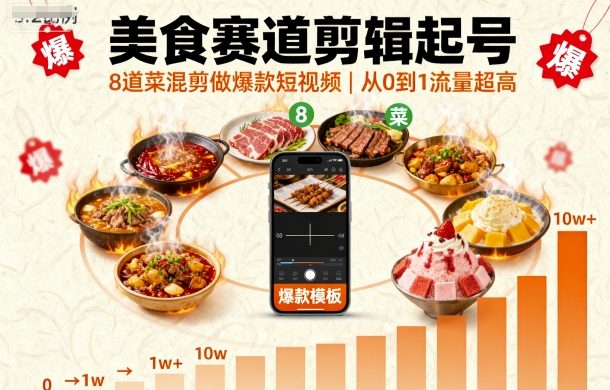 美食赛道剪辑起号，8道菜混剪做爆款短视频，从0到1，流量超高-仙女副业网