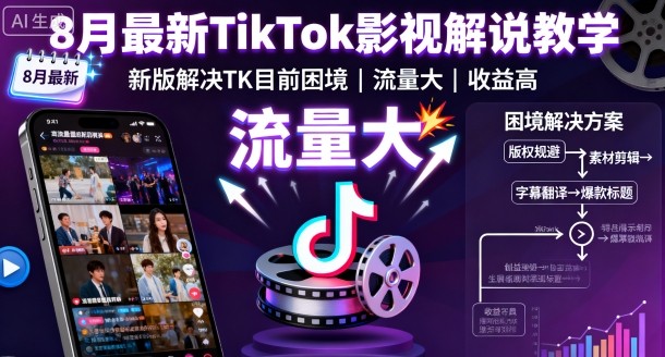 8月最新TikTok影视解说教学，新版解决TK目前困境，流量大，收益高-仙女副业网