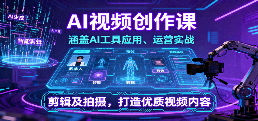 AI视频创作课，涵盖AI工具应用、运营实战、剪辑及拍摄，打造优质视频内容-仙女副业网