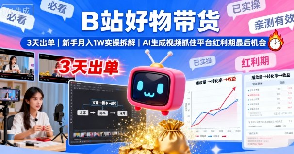 B站好物带货，3天出单，新手月入1W实操拆解，AI生成视频，抓住平台红利期最后机会-仙女副业网