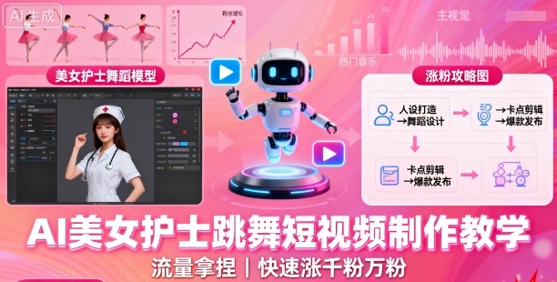 AI美女护士跳舞短视频制作教学，流量拿捏，快速涨千粉万粉【提示词+视频教程】-仙女副业网