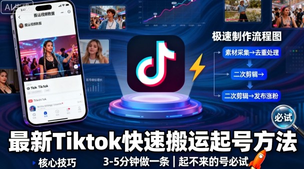 最新Tiktok快速搬运快速起号方法，3-5分钟做一条，起不来的号可以试试-仙女副业网