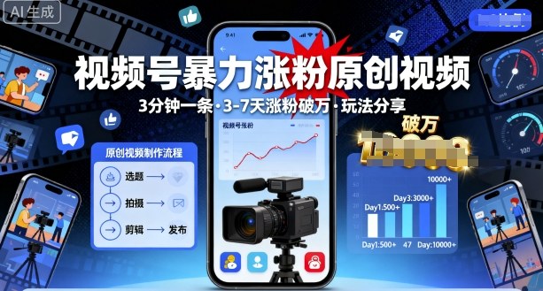 视频号暴力涨粉原创视频，3分钟一条原创视频，3-7天涨粉破万，玩法分享给你-仙女副业网