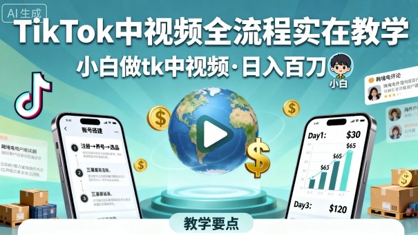 TikTok中视频全流程实操教学，小白做tk中视频，日入百刀-仙女副业网