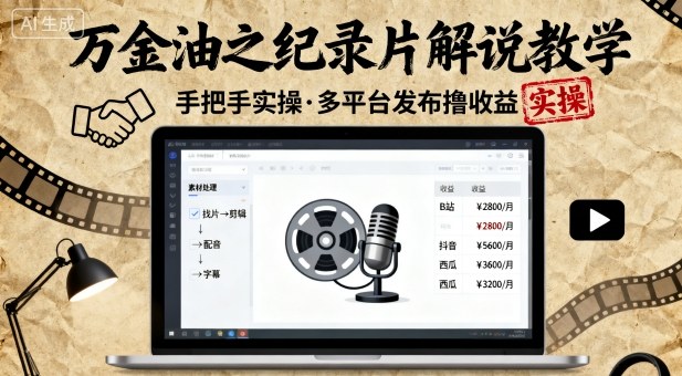 万金油之纪录片解说教学，手把手教你，完全实操，多平台发布撸收益-仙女副业网