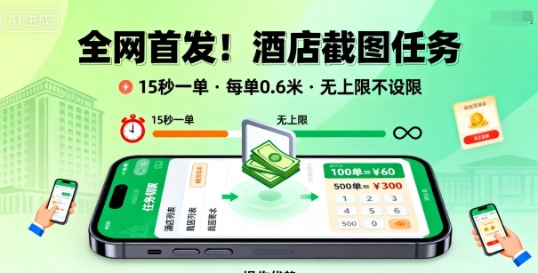 全网首发！酒店截图任务，15秒一单，每单0.6米，任务无上限不设限，矩阵操作单日3张到手【揭秘】-仙女副业网