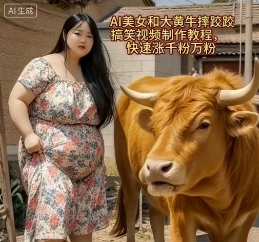 AI美女和大黄牛摔跤搞笑荒诞视频制作教程，快速涨千粉万粉-仙女副业网