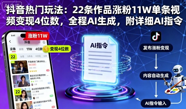 抖音热门玩法：22条作品涨粉11W单条视频变现4位数，全程AI生成，附详细AI指令-仙女副业网