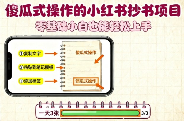 傻瓜式操作的小红书抄书项目，会复制粘贴就行，零基础小白也能一天3张-仙女副业网