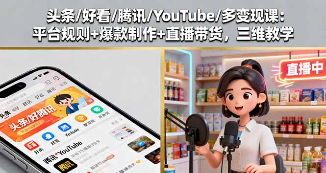 头条/好看/腾讯/YouTube/多变现课：平台规则+爆款制作+直播带货，三维教学-仙女副业网