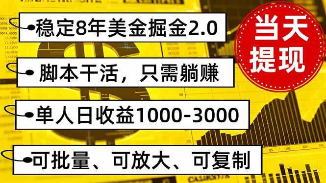 稳定8年美金掘金2.0脚本干活，只需躺赚。单人日收益1000-3000可批量、...-仙女副业网