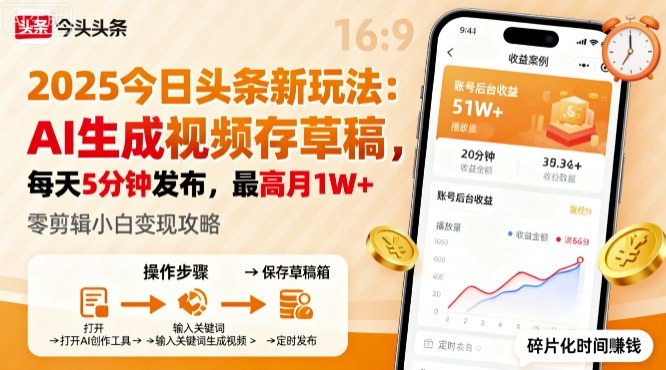 2025年今日头条躺賺新玩法，AI生成视频存草稿，每天5分钟发布，最高月1W+【揭秘】-仙女副业网