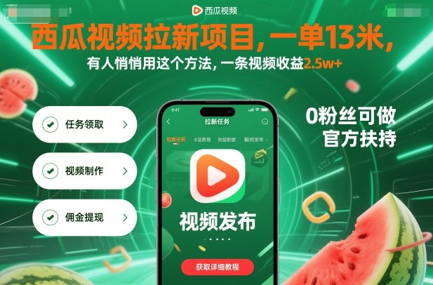 西瓜视频拉新项目，一单13米，有人悄悄用这个方法，一条视频收益2.5w+(附详细教程)-仙女副业网