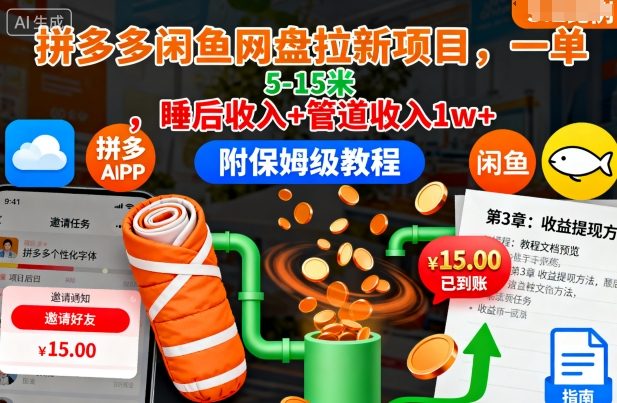 拼多多闲鱼网盘拉新项目，一单5-15米，睡后收入+管道收入1w+(附保姆级教程)-仙女副业网