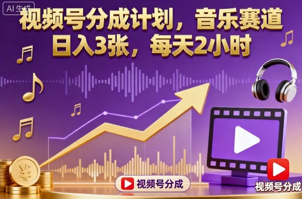 视频号分成计划，音乐赛道，日入3张，每天2小时-仙女副业网