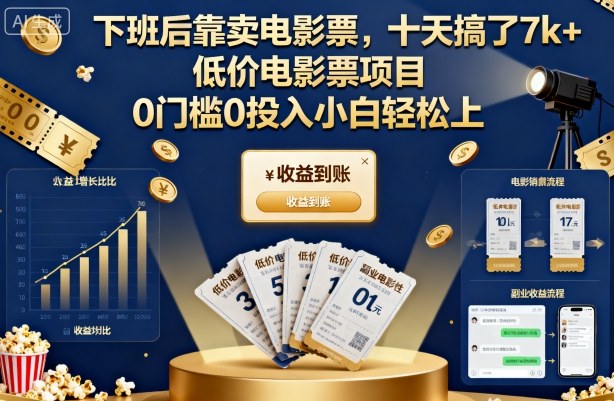 下班后靠卖电影票，十天搞了7k+，低价电影票项目，0门槛0投入小白轻松上手【揭秘】-仙女副业网