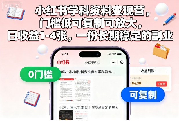 小红书学科资料变现营，门槛低可复制可放大，日收益1-4张，一份长期稳定的副业-仙女副业网