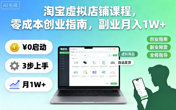淘宝虚拟店铺课程，零成本创业指南，副业月入1W+-仙女副业网