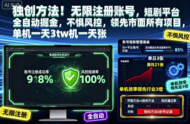 独创方法!无限注册账号,短剧平台全自动掘金,不惧风控,领先市面所有项目,单机一天3张【揭秘】-仙女副业网