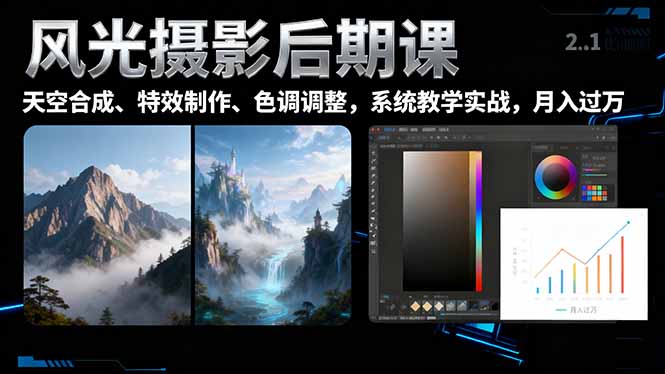 风光摄影后期课，一键换天空合成、特效制作、色调调整，月入过万-仙女副业网