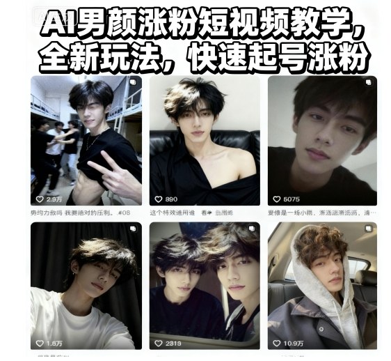 AI男颜涨粉短视频教学，全新玩法，快速起号涨粉-仙女副业网