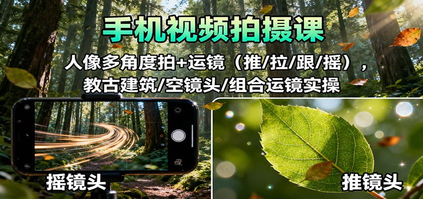 手机视频拍摄课:人像多角度拍+运镜(推/拉/跟/摇),古建筑/空镜头/组合运镜实操-仙女副业网