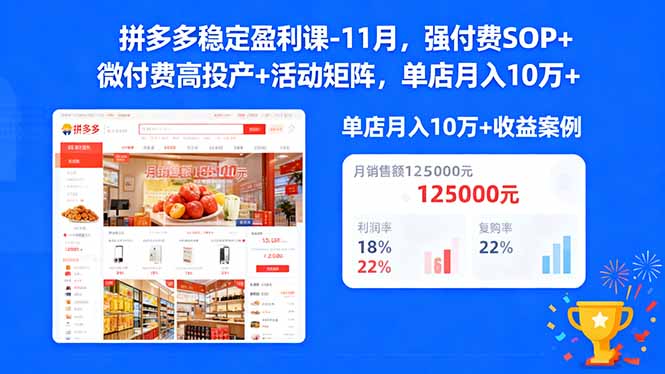 拼多多稳定盈利课-11月,强付费SOP+微付费高投产+活动矩阵,单店月入10万+-仙女副业网