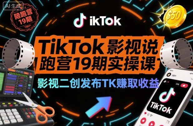 TikTok影视解说陪跑营19期实操课，影视二创发布TK賺取收益，万播收益50美金-仙女副业网