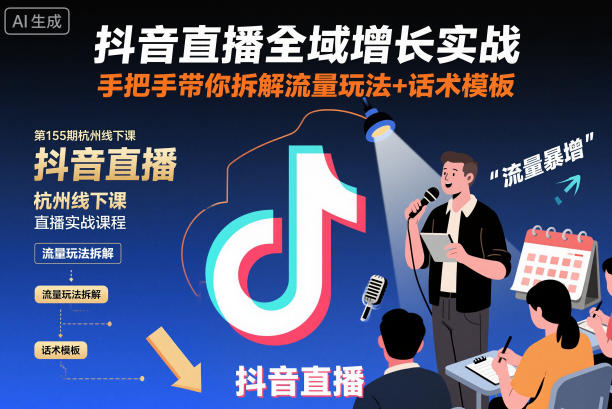 抖音直播全域增长实战第155期杭州线下课，手把手带你拆解流量玩法+话术模板-仙女副业网