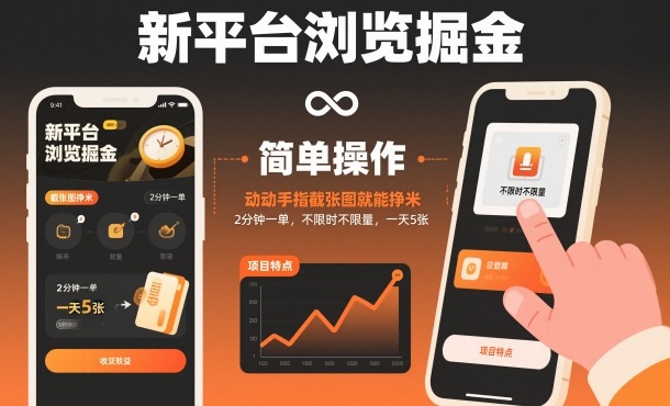 新平台浏览掘金，动动手指截张图就能挣米，2分钟一单，不限时不限量，一天5张【揭秘】-仙女副业网