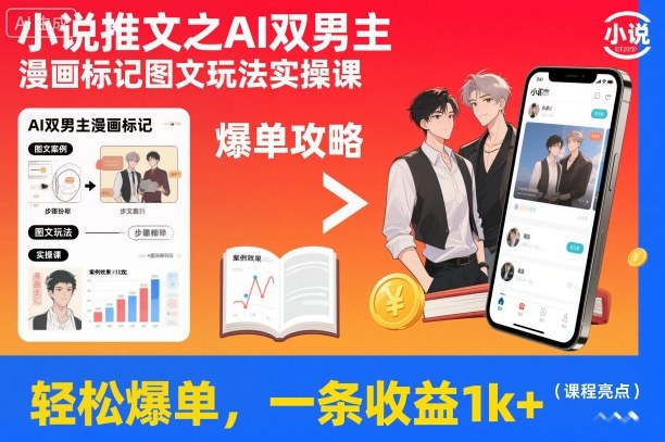 小说推文之AI双男主漫画标记图文玩法实操课，轻松爆单，一条收益1k+-仙女副业网