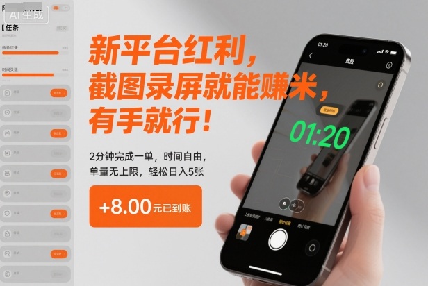 新平台红利，截图录屏就能賺米，有手就行！2分钟完成一单，时间自由，单量无上限，轻松日入5张【揭秘】-仙女副业网