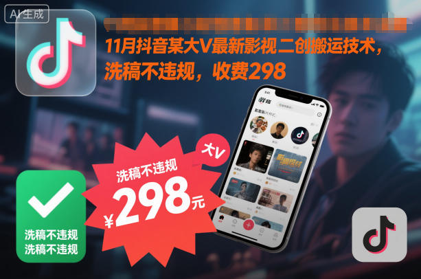 11月抖音某大V最新影视二创搬运技术，洗稿不违规，收费298-仙女副业网
