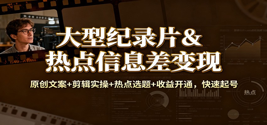 大型纪录片&热点信息差变现：原创文案+剪辑实操+热点选题+收益开通，快速起号-仙女副业网