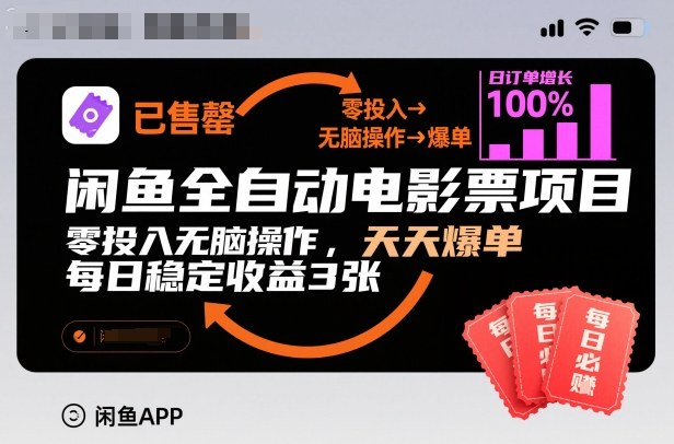 闲鱼全自动电影票项目，零投入无脑操作，天天爆单，每日稳定收益3张【揭秘】-仙女副业网