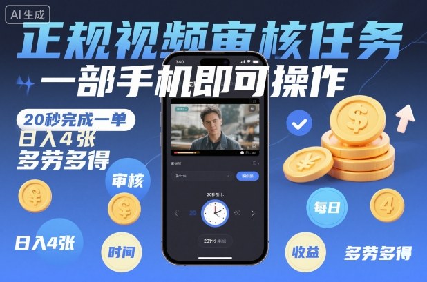 正规视频审核任务，一部手机即可操作，20秒完成一单，日入4张，多劳多得【揭秘】-仙女副业网