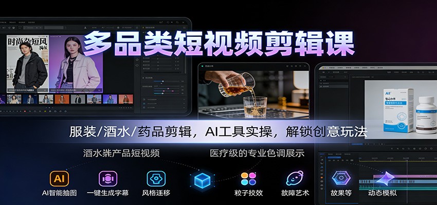 多品类短视频剪辑课：服装/酒水/药品剪辑，AI工具实操，解锁创意玩法-仙女副业网