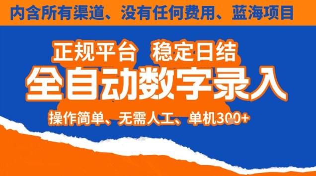 全自动数字录入，单机日入3张+，内含所有渠道全程免费零成本，操作简单可矩阵开干【揭秘】-仙女副业网