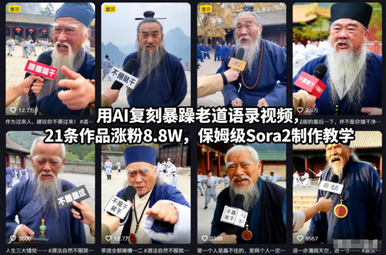 用AI复刻暴躁老道语录视频，21条作品涨粉8.8W，保姆级Sora2制作教学-仙女副业网