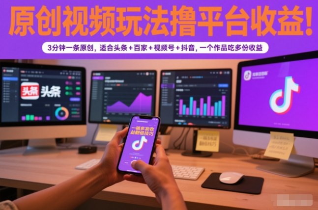 原创视频玩法撸平台收益，3分钟一条原创，适合头条+百家+视频号+抖音，一个作品吃多份收益-仙女副业网