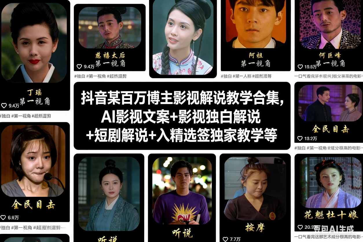 抖音某百万博主影视解说教学合集,AI影视文案+影视独白解说+短剧解说+入精选签独家教学等-仙女副业网