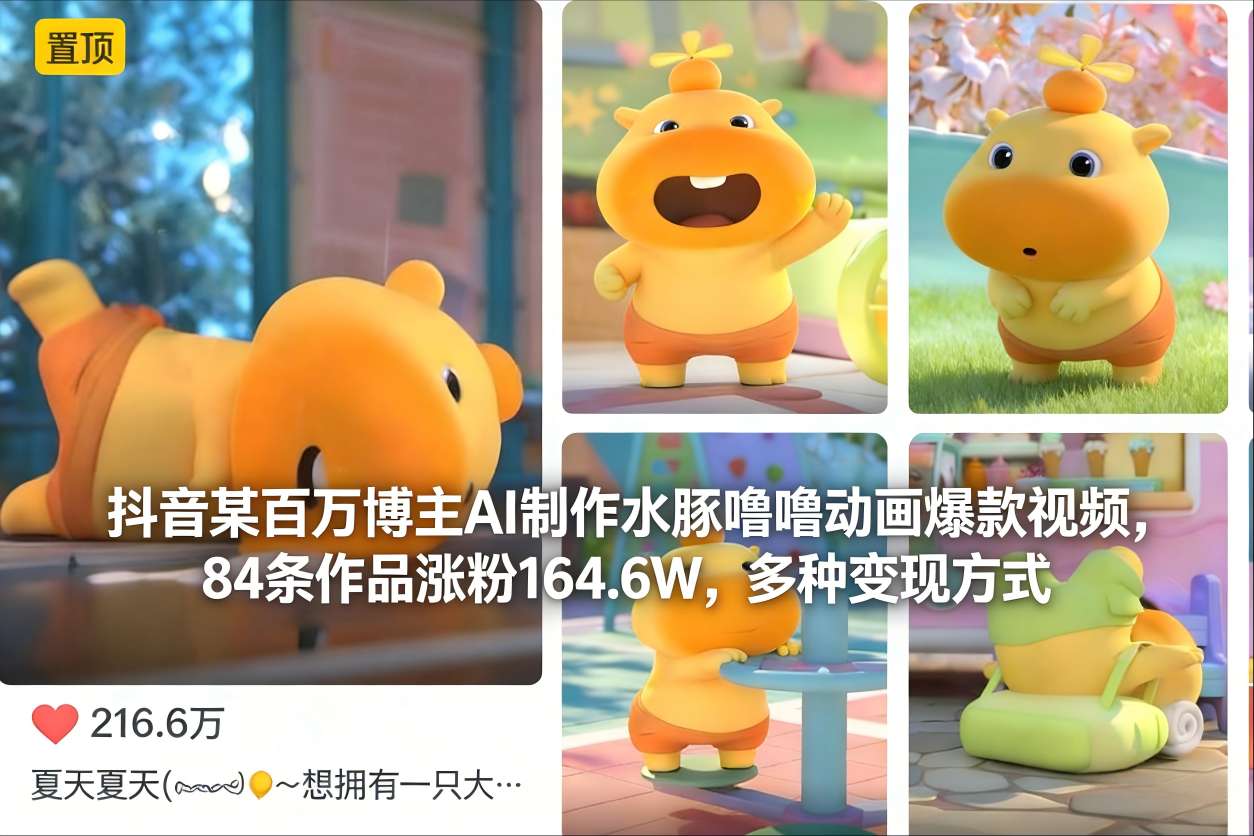 抖音某百万博主AI制作水豚噜噜动画爆款视频，84条作品涨粉164.6W，多种变现方式-仙女副业网