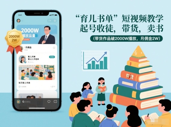 育儿书单短视频教学，起号收徒，带货，卖书(带货作品破2000W播放，月佣金2W)-仙女副业网