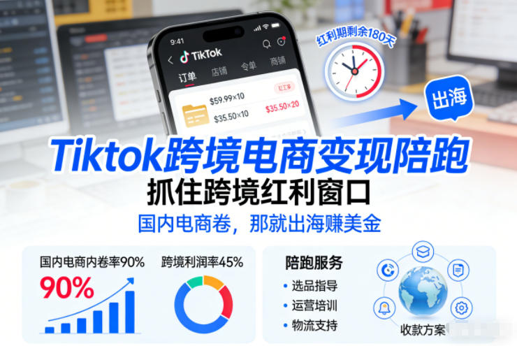 Tiktok跨境电商变现陪跑，抓住跨境红利窗口，国内电商卷，那就出海賺美金-仙女副业网